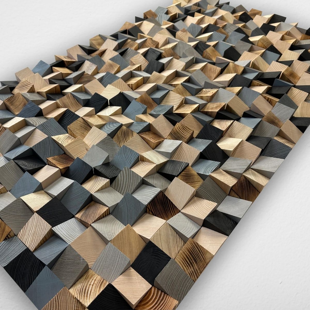 Grey Wood Wall Art – Horizontal Grey Wooden Wall Decor, Modern 3D Wood Mosaic Landscape Sculpture for Living Room