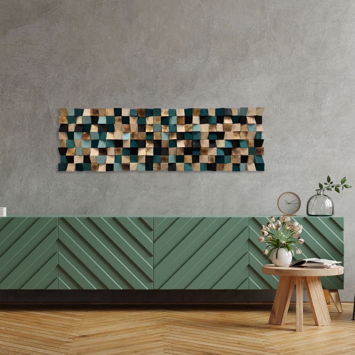 Emerald Green Wood Wall Art – Large Horizontal Wooden Wall Decor, Geometric 3D Pixel Mosaic Landscape Sculpture for Living Room
