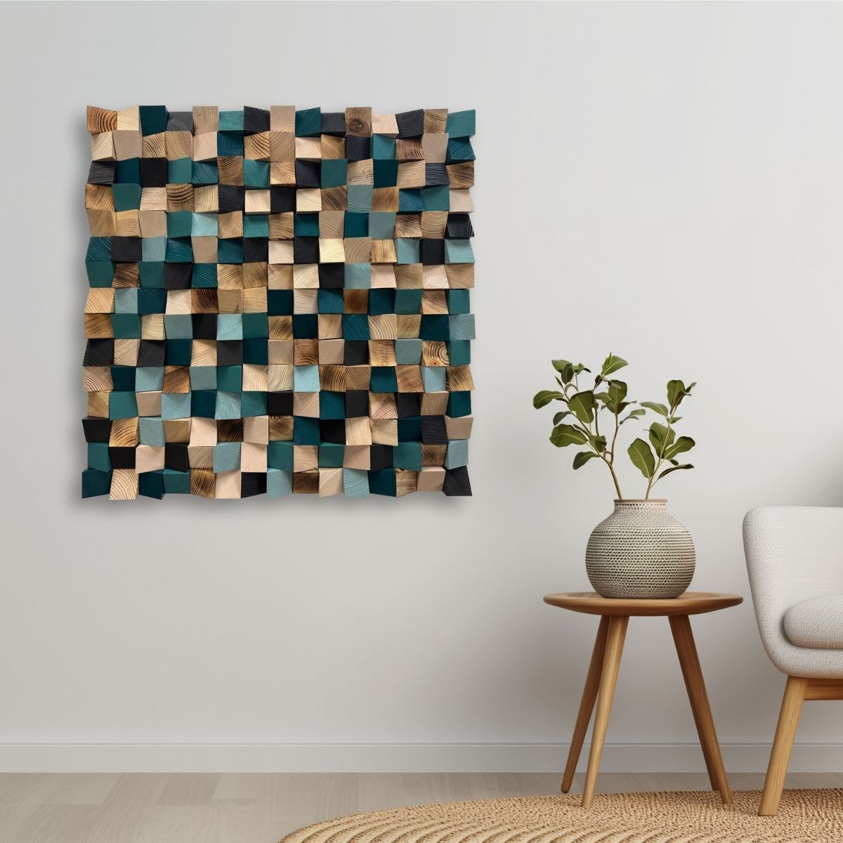 Emerald Green Wood Wall Art – Modern Mosaic Pixel Wall Decor, 3D Wooden Gradient Sculpture for Living Room