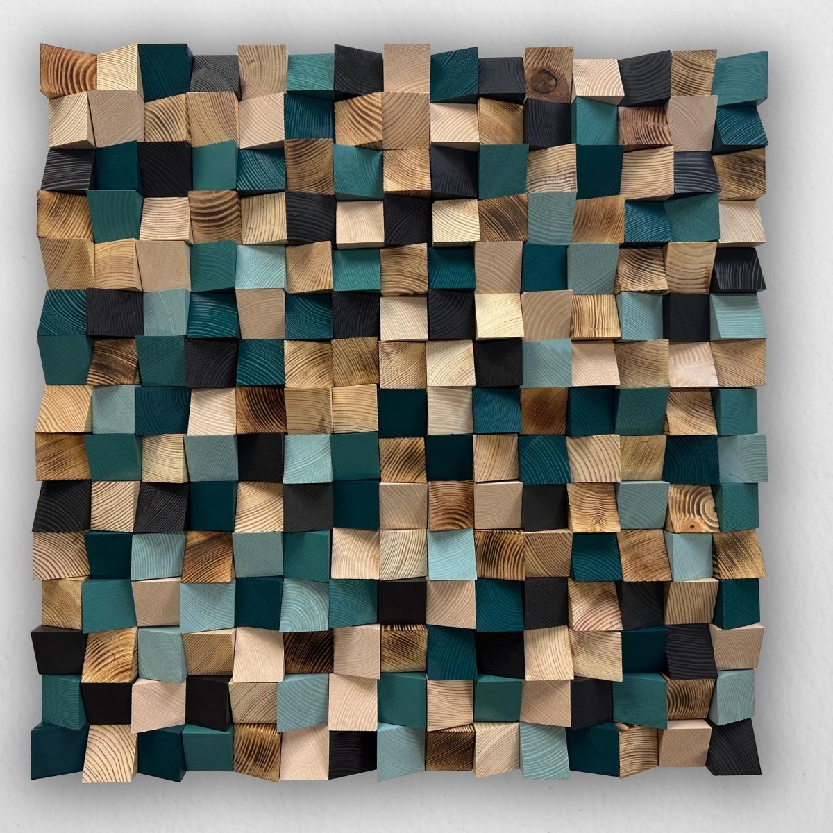 Emerald Green Wood Wall Art – Modern Mosaic Pixel Wall Decor, 3D Wooden Gradient Sculpture for Living Room