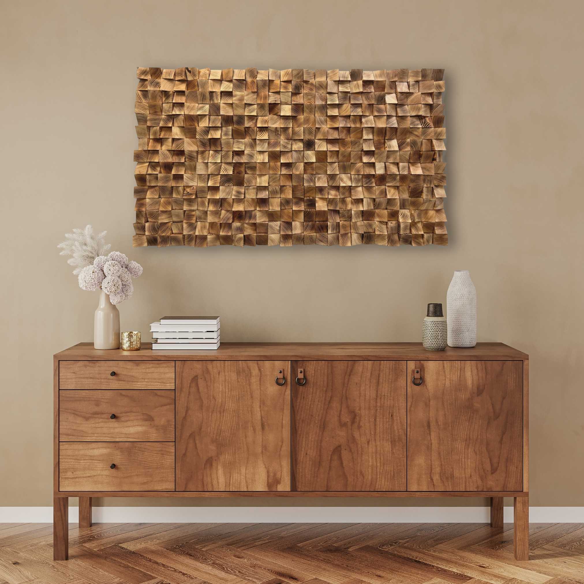 Burned Pixel Wall Art – Wooden Wall Decor, Geometric Wood Wall Art for Living Room & Office