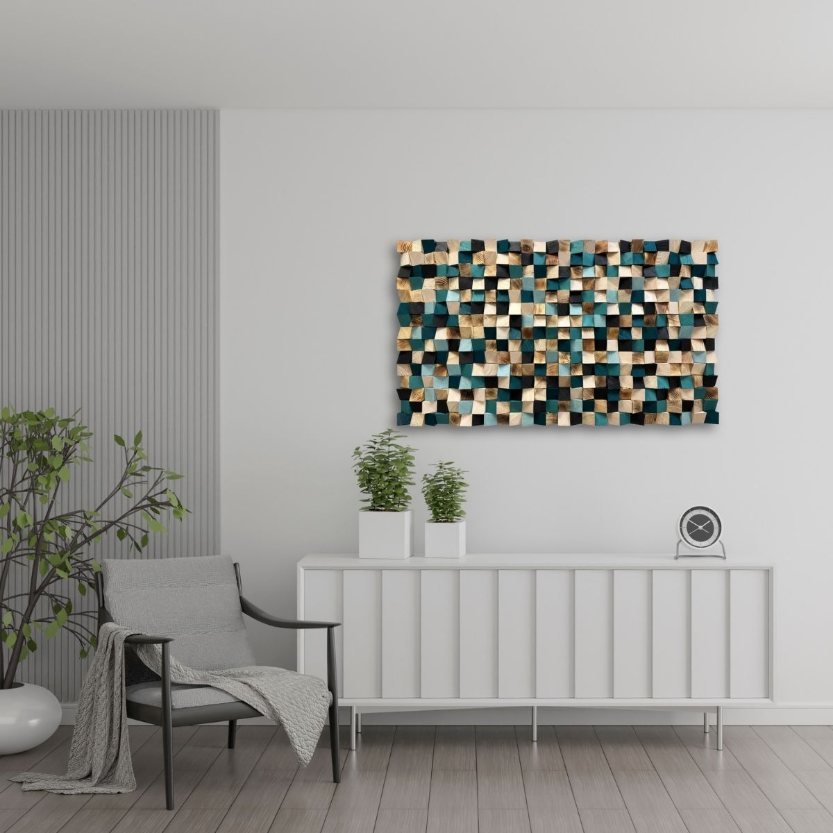 Emerald Green Wood Wall Art – Large Horizontal Wooden Wall Decor, Geometric 3D Pixel Mosaic Landscape Sculpture for Living Room