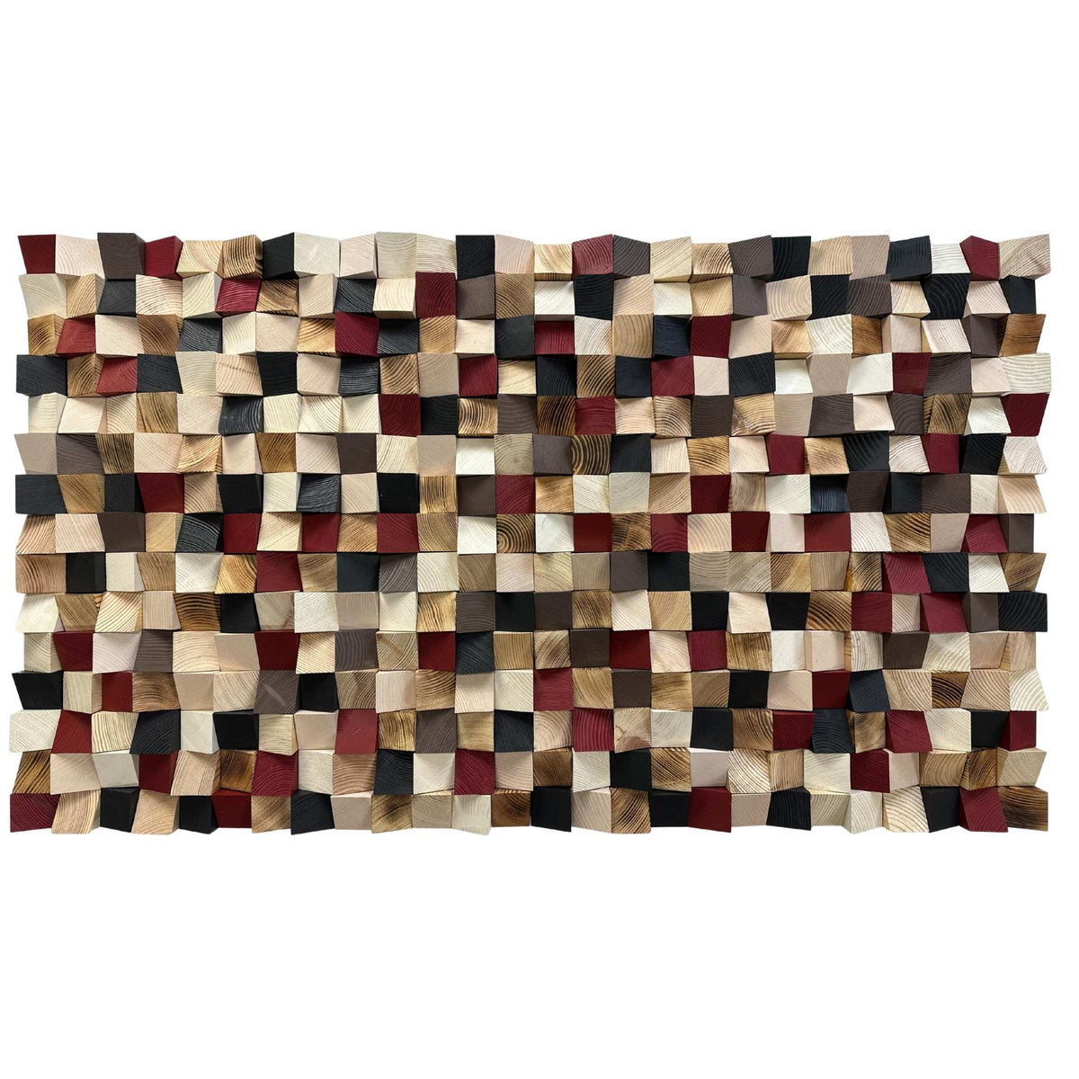 A rectangular wall art piece made of many small wooden cubes arranged in a checkerboard pattern, shown against a plain white background.