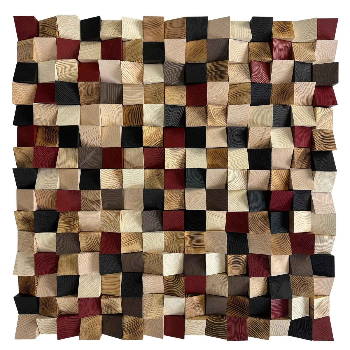 A square wooden wall art piece made of many small raised wood blocks in mixed natural tones, including beige, brown, black, and burgundy, shown against a plain white background.