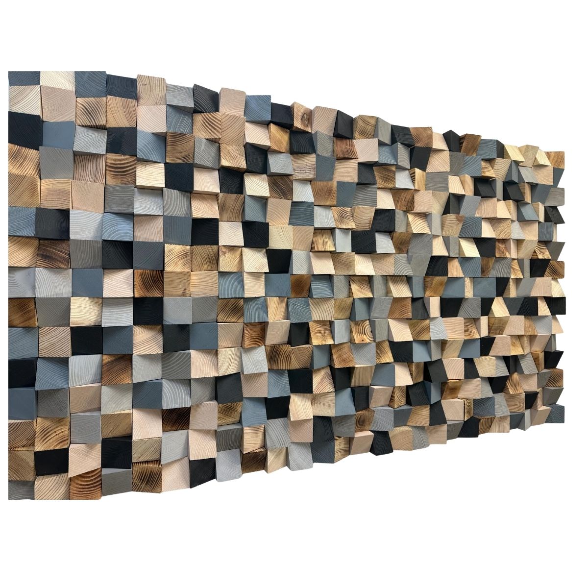 Grey Wood Wall Art – Horizontal Grey Wooden Wall Decor, Modern 3D Wood Mosaic Landscape Sculpture for Living Room