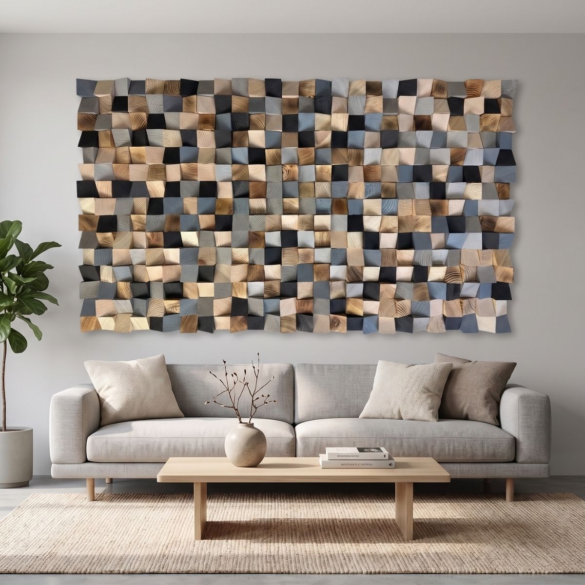 Grey Wood Wall Art – Horizontal Grey Wooden Wall Decor, Modern 3D Wood Mosaic Landscape Sculpture for Living Room