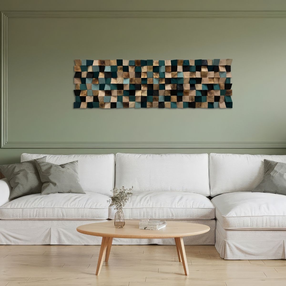 Emerald Green Wood Wall Art – Large Horizontal Wooden Wall Decor, Geometric 3D Pixel Mosaic Landscape Sculpture for Living Room