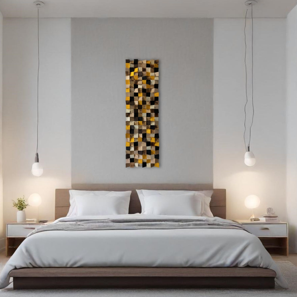 A modern bedroom featuring a tall, narrow abstract wall art piece with a geometric mosaic pattern in black, white, and yellow, hung above a bed with white linens and a wooden headboard.