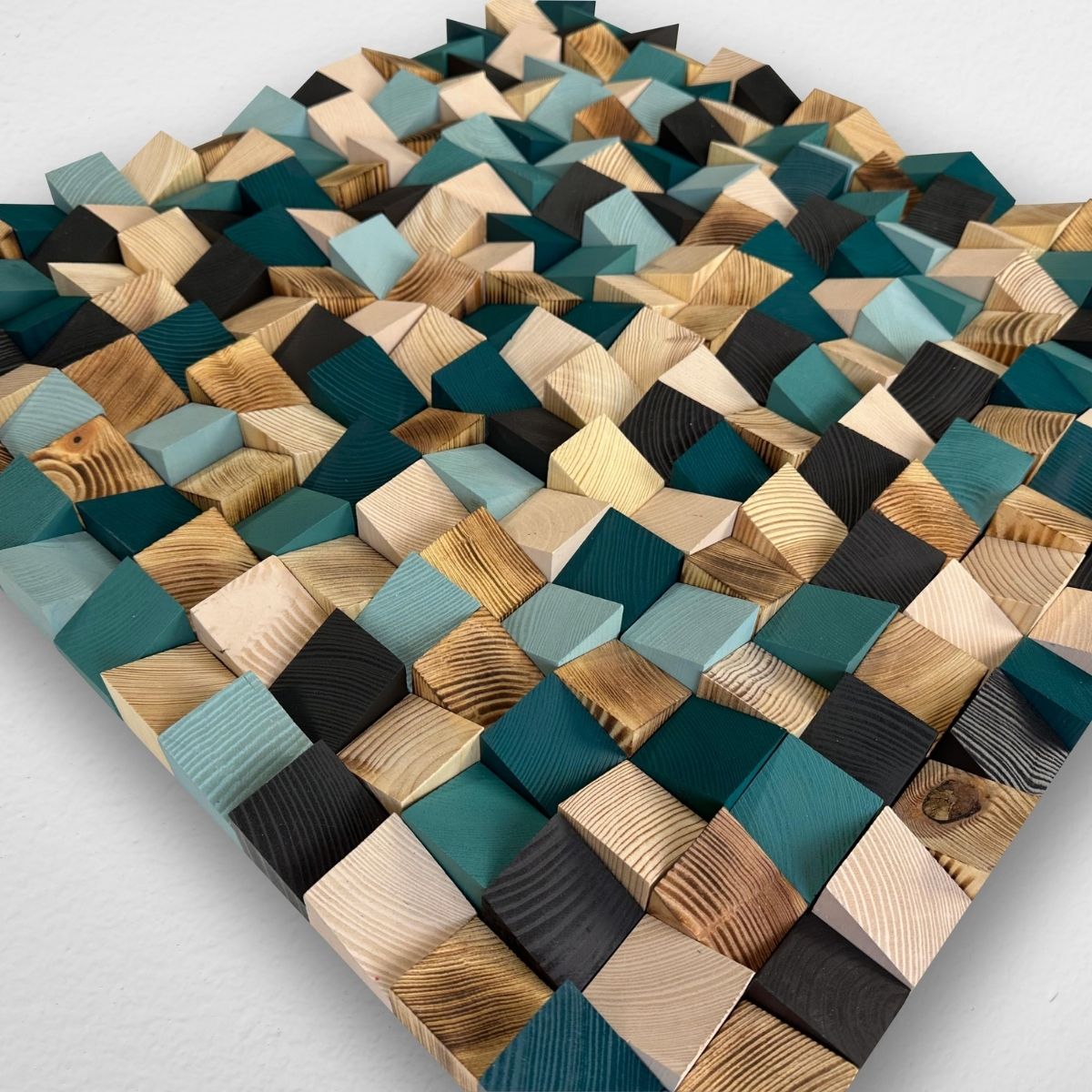 Emerald Green Wood Wall Art – Modern Mosaic Pixel Wall Decor, 3D Wooden Gradient Sculpture for Living Room
