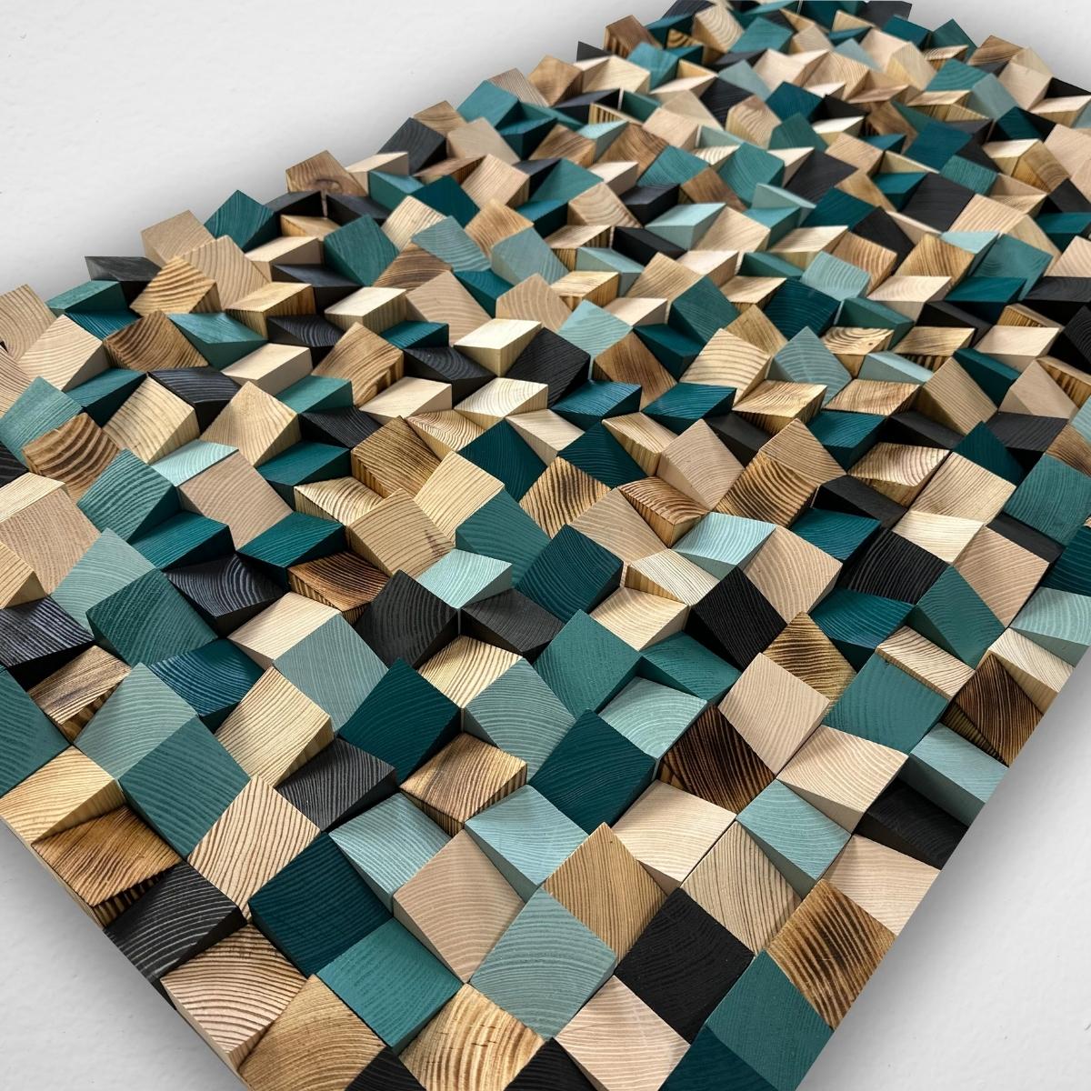 Emerald Green Wood Wall Art – Large Horizontal Wooden Wall Decor, Geometric 3D Pixel Mosaic Landscape Sculpture for Living Room