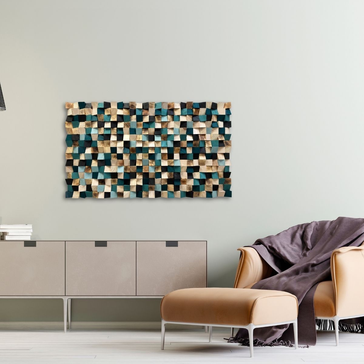 Emerald Green Wood Wall Art – Large Horizontal Wooden Wall Decor, Geometric 3D Pixel Mosaic Landscape Sculpture for Living Room