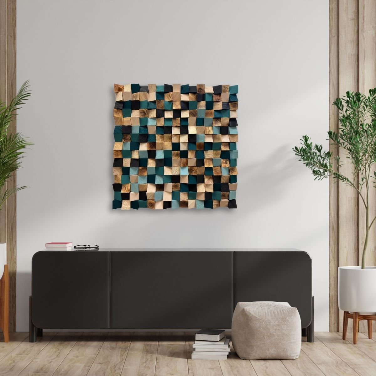 Emerald Green Wood Wall Art – Modern Mosaic Pixel Wall Decor, 3D Wooden Gradient Sculpture for Living Room
