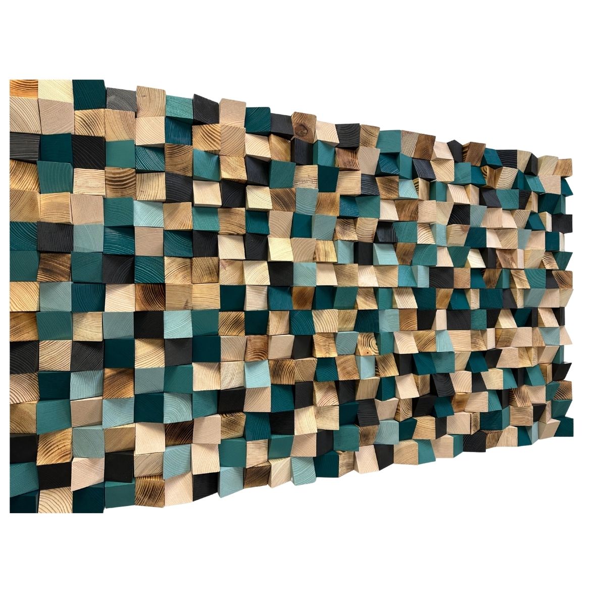 Emerald Green Wood Wall Art – Large Horizontal Wooden Wall Decor, Geometric 3D Pixel Mosaic Landscape Sculpture for Living Room