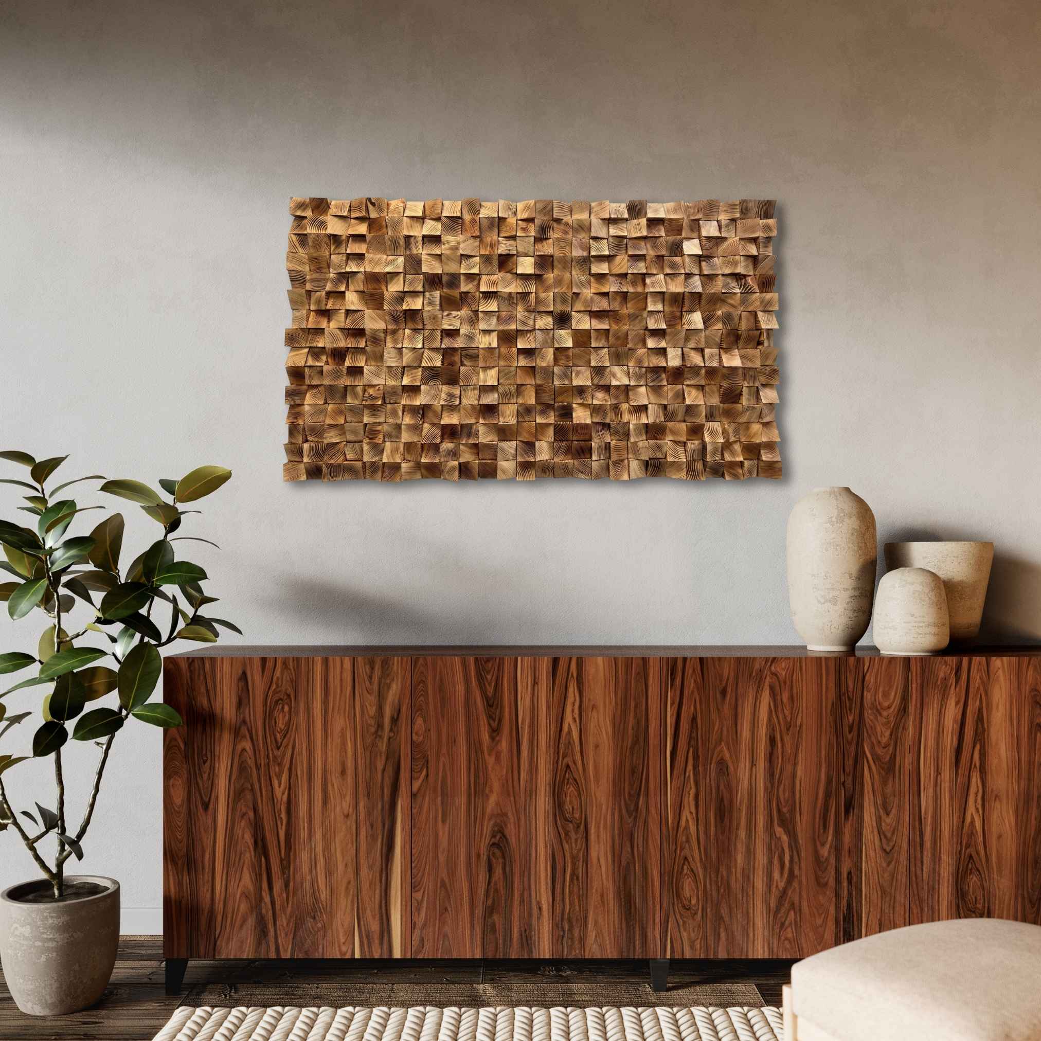 Burned Pixel Wall Art – Wooden Wall Decor, Geometric Wood Wall Art for Living Room & Office